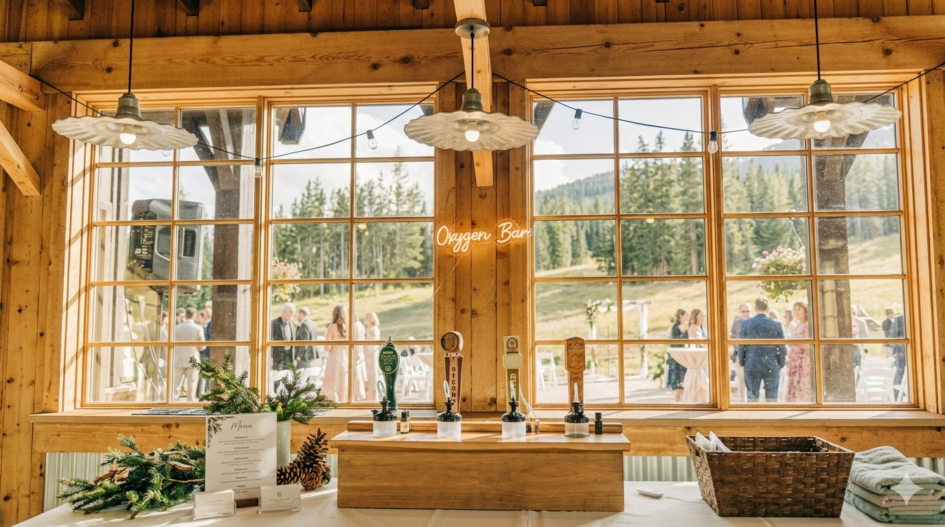 Colorado Mountain Oxygen bar setup at a luxury mountain wedding venue with sweeping alpine views